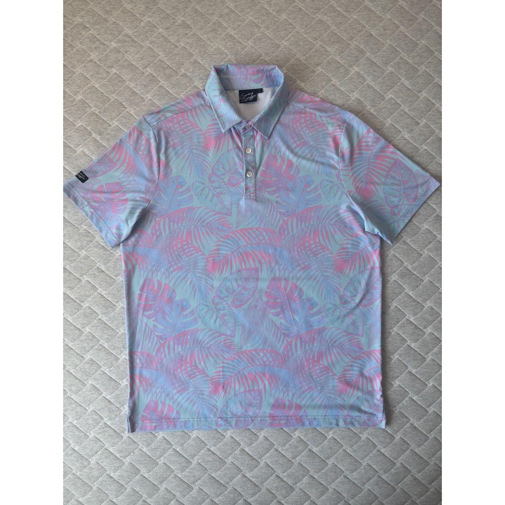 Sunday Swagger Polo‎ Shirt Mens Large Blue Pink Tropical Leaf Golf Performance